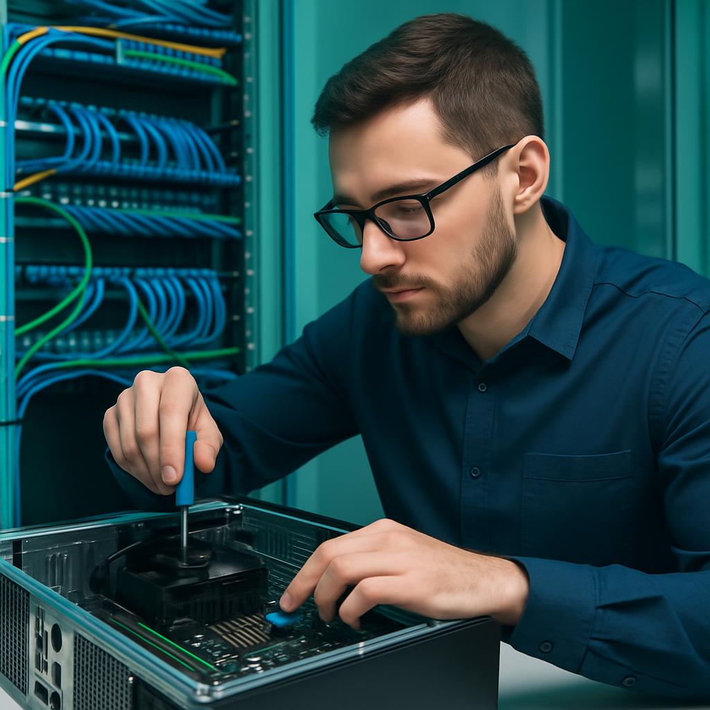 Técnico realizando manutenção em computador
